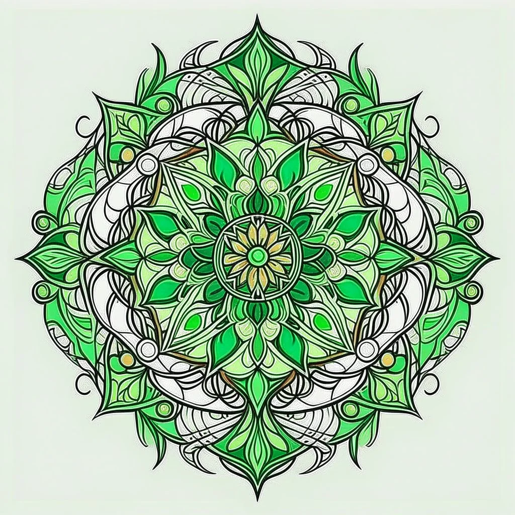 Logo. Mandala style. Round. The logo depicts a mystical botanical motive. Thin lines. Ornament. Rich colors, green