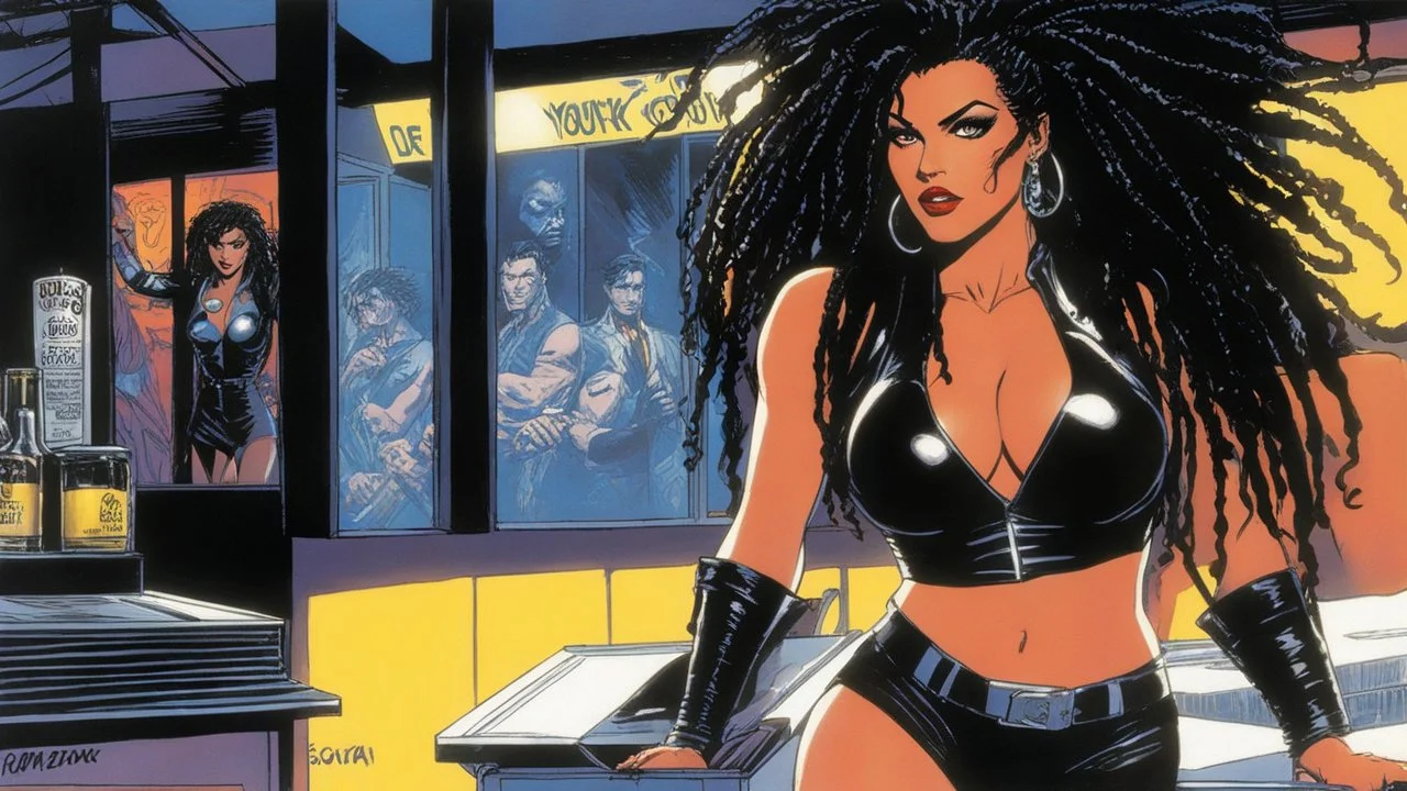 Original Art by Howard Chaykin (Vortex Comic, 1988): in the shadows of a a pop rock bar, Sofia Samaha, clad in sexy dark Calzedonia tights, with dreadlocks haircut, she moves with a violent and energetic grace that demands attention. Her gaze meets yours, sending a jolt through your body. You feel a primal attraction, a magnetic pull drawing you towards her. There's a dangerous allure in the air, a sense of unpredictability that both thrills and unnerves you.