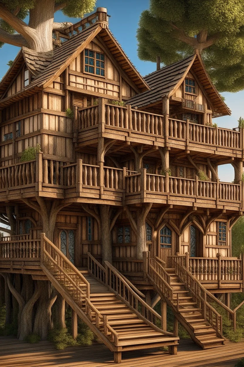 large medieval wooden treehouse, with a balcony, and a cobbled road going through the middle, in a wood, photo-realistic