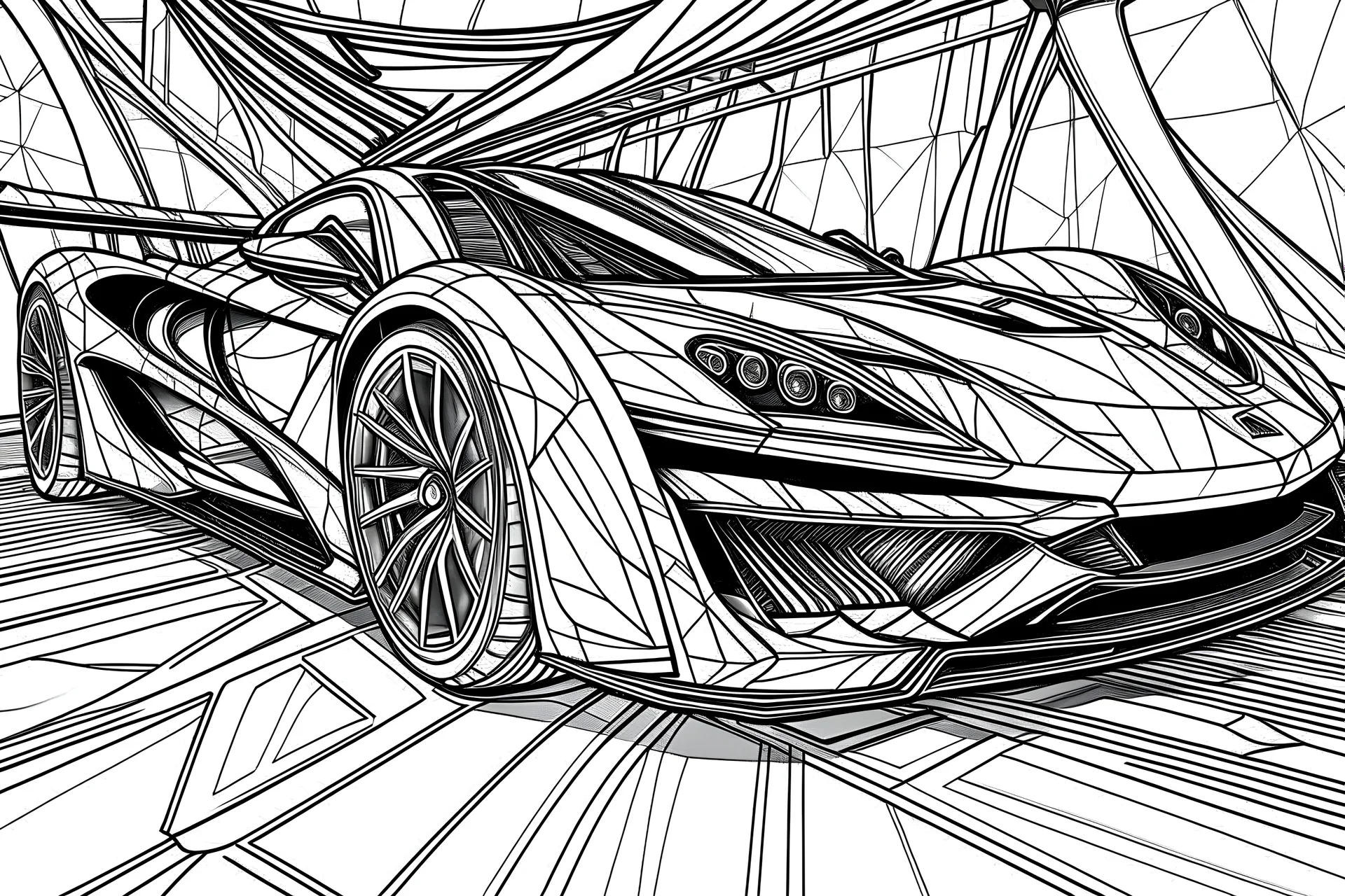 Visualize a black & white coloring book with thick contours and lines, all fitting within an 11x8.5 inch space. Sportscars with unique modifications and futuristic detailing for an edgy coloring experience.