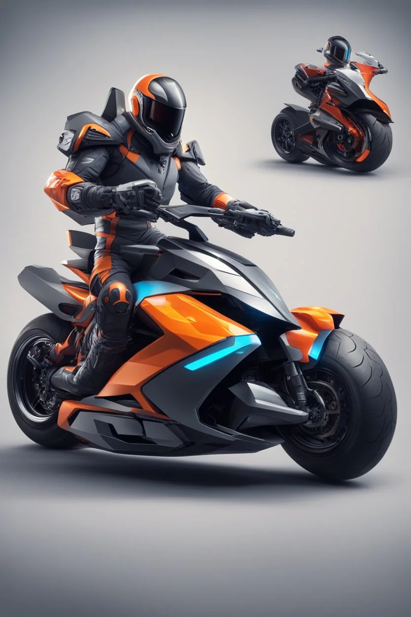 A combination of ultra-advanced car and crazy Max fighter, super sporty, with color and nano technology An advanced motorcycle with four wheels and a turbo jet in the back with rockets and machine guns