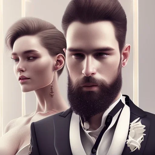 8K, a Highly detailed stunning portrait of Dom man, a white suit, beard, and short hair, with a submissive woman