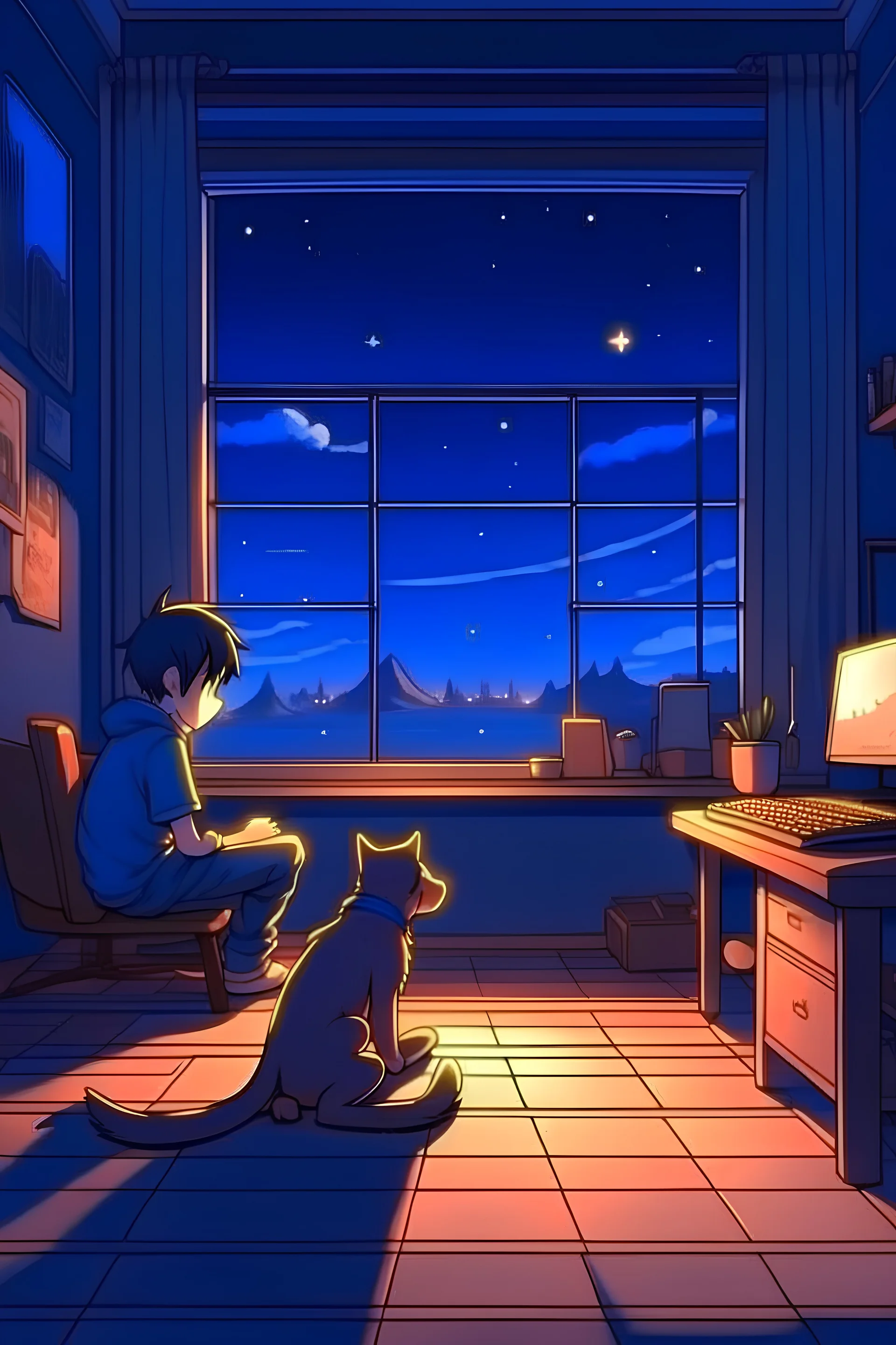 A anime teen is in his room with his dog. and the boy is working something on a gaming laptop, while his dog is on the windowsill enjoying the night sky with stars.