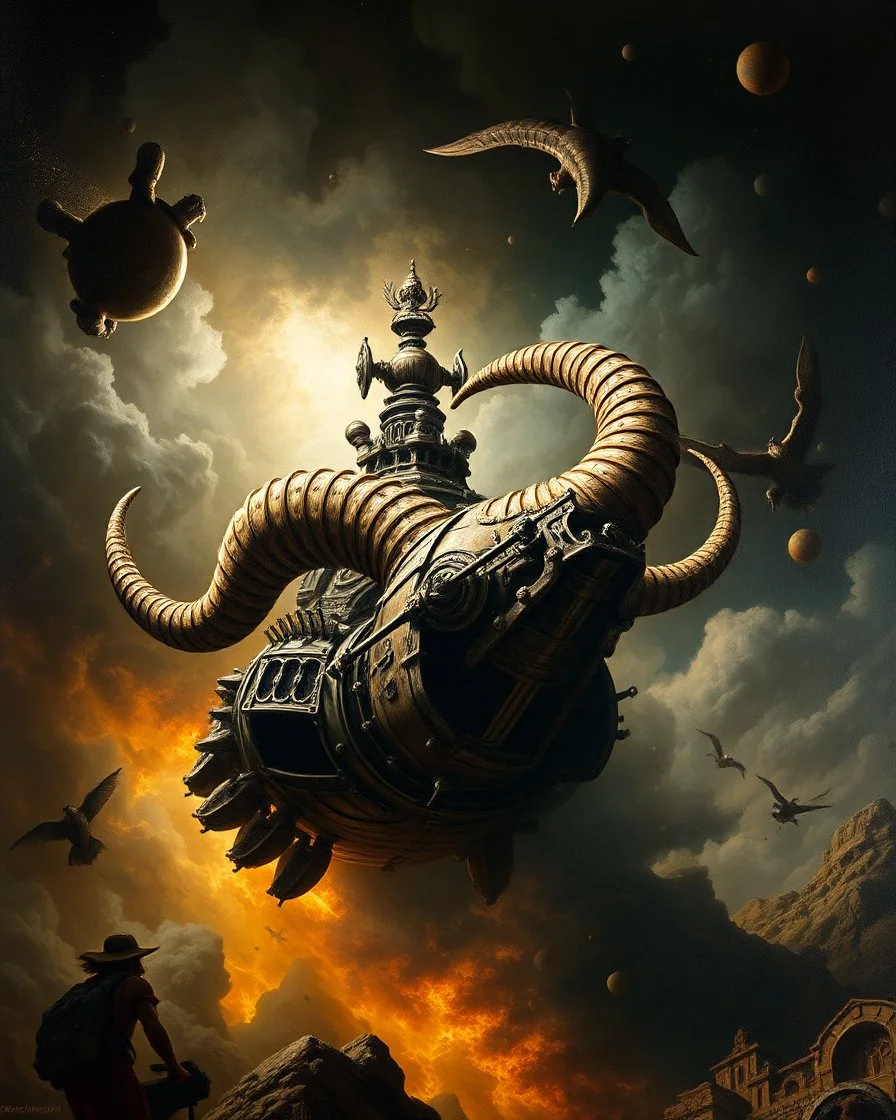 a mASSIVE HORN FORM SPACESHIP ,by Jacob Philipp Hackert, by Thomas Gainsborough,Dramatic lighting, photorealistic oil painting, baroque oil painting --chaos 25 --ar 3:4 --style raw --personalize zv7k236 --stylize 750 --v 6.1