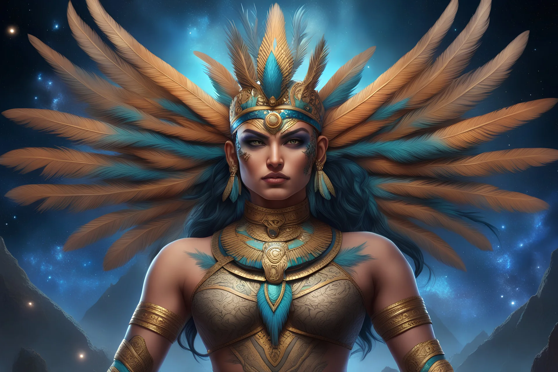 GOD Kukulcán, QUEEN Namor With Plume , an MAYA warrior QUEEN, PRETTY EYES, highly detailed face, BEATIFULL eyes , STARS GALAXY background, 4k, high resolution, TATTOOS, PYRAMIDS, WINGS ON THE FEET, THE KING OF TALOACAN, PENACHO Set of raised feathers that certain SNAKEs have on the top of their heads. SNAKE HEAD PENACHO, SNAKE WINGS, FULL AND STRONG BODY, PERFECT BODY LIKE AN ATHLETE