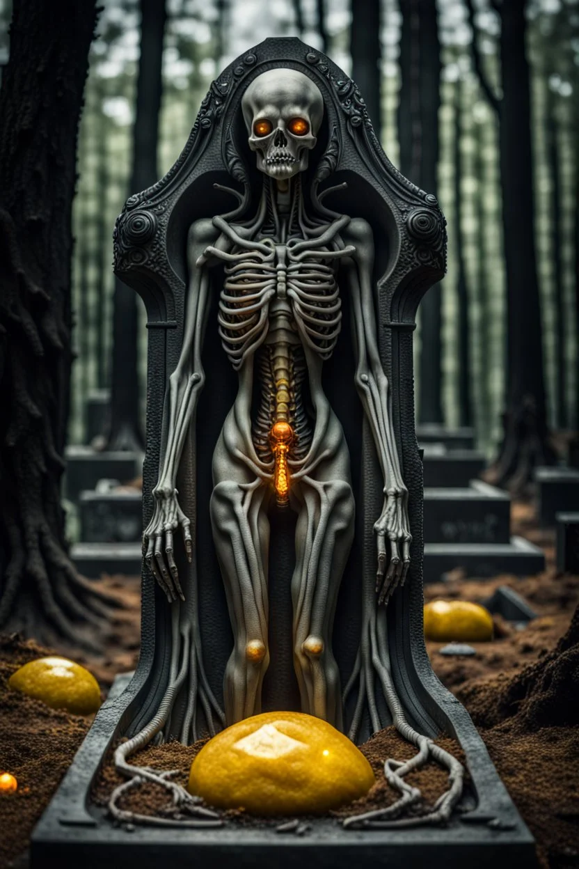 A grave full body, full shot,forest,Sony Alpha 7 50mm 1.8,medium shot, high-resolution image with fine details, citrine, ultra detailed,ultra realistic,extremely realistic,intricate,photorealistic,epic composition,masterpiece,H.R.Giger style