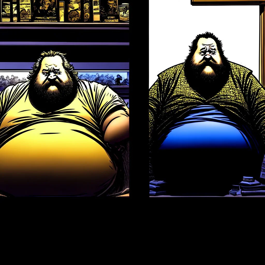 (fineart:1.5, masterpiece1.5) (realism:1.5) award winning picture of award winning fat, beardedd, 'fat man' (watching tv:1.8),,comic book panels, 50 percent is taken from the point of view of the tv, the other 50 percent is a side angle medium shot of the 'fat man'