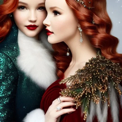 Dove cameron and teen robyn lively, meticulously detailed beautiful faces, meticulously detailed hair; christmas, snow, gothic, sparkles; ethereal fantasy. hues of christmas. hideo kojima. realistic oil painting. victorian era, glitter, snowflakes, holly, pinecones, old fashioned, vintage, antique, beautiful, renaissance, 16k