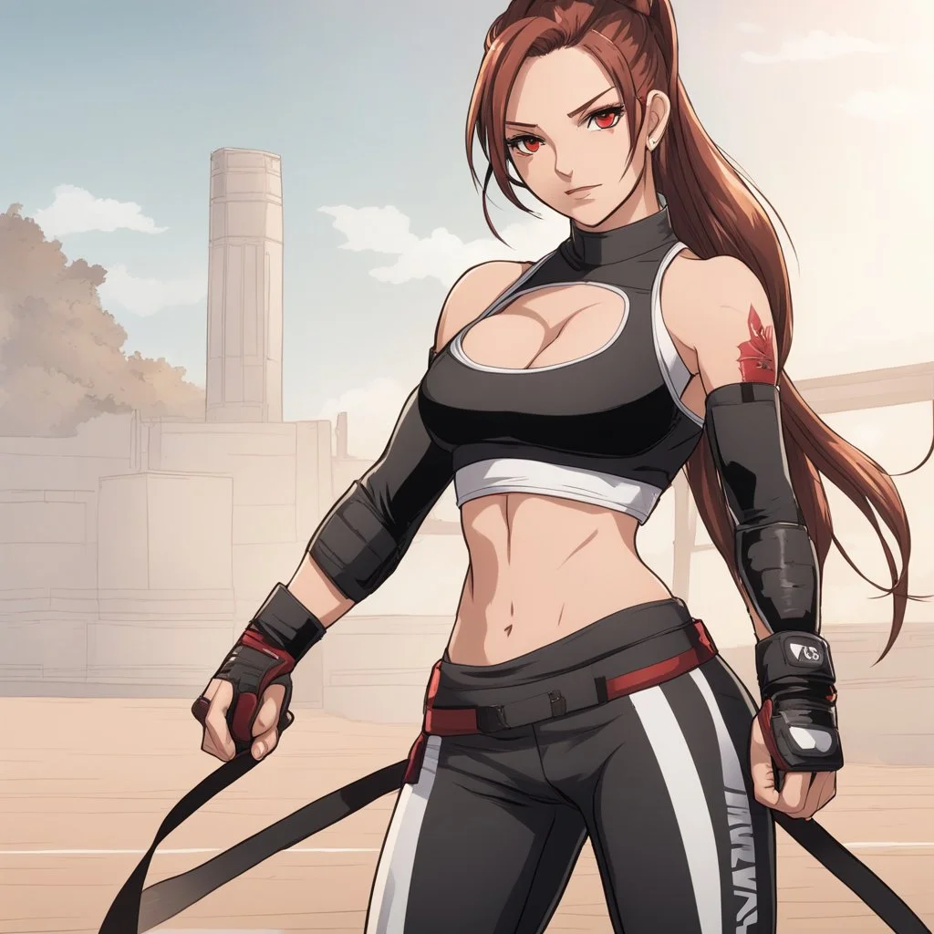 An Arrogant-Looking Young Woman With Pale Skin, Red Eyes, And Long Brown Hair Pulled Up In A Single, Straight Ponytail. MMA fighter. wearing a black crop top and leggings. Anime Style, High Definition, Greg Rutkowski, 8k Resolution, Intricate Details