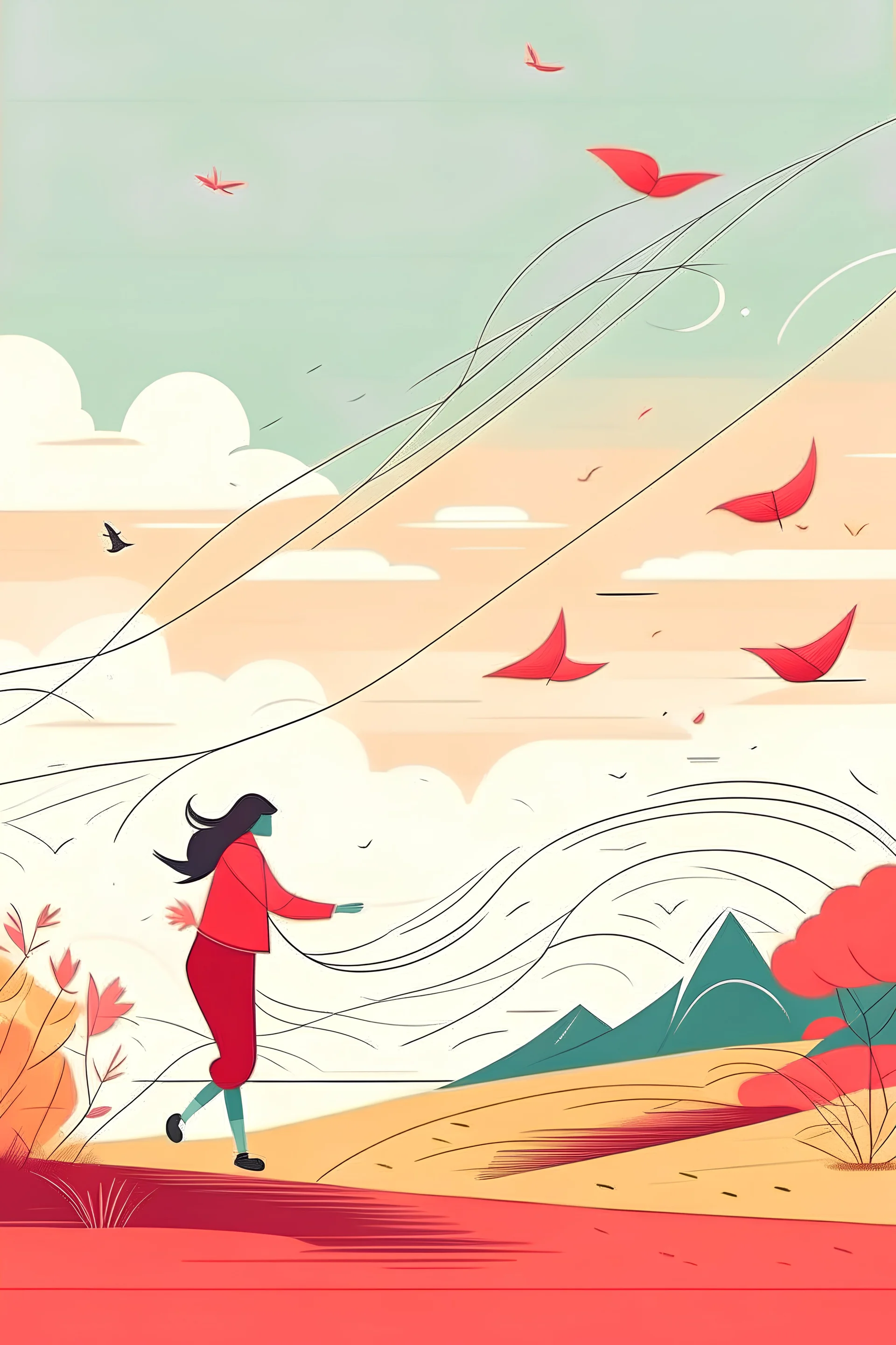 Design a dynamic line art scene with a lady flying kite in a spring sky