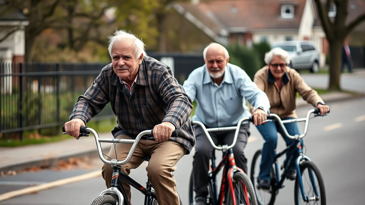 Elderly pensioners on BMX bikes. Photographic quality and detail, award-winning image, beautiful composition, 35mm lens.