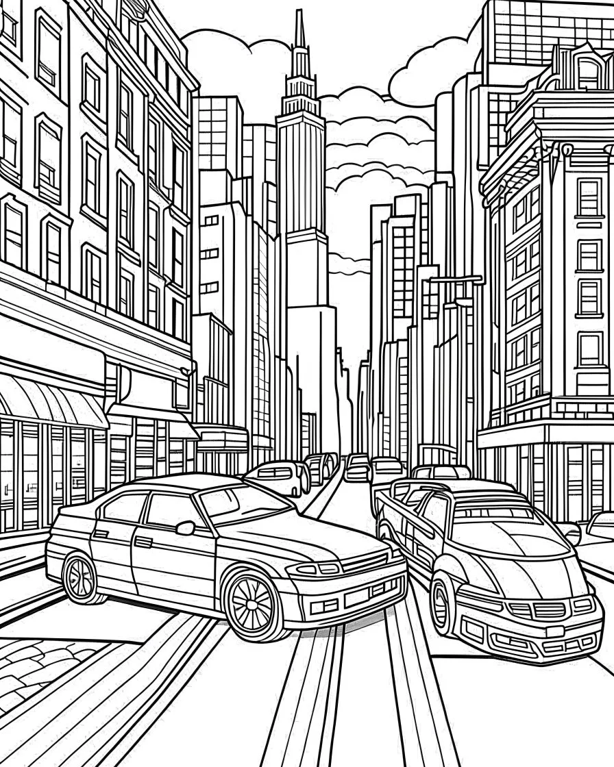 New York City roads coloring page, full body (((((white background))))), only use an outline., real style, line art, white color, clean line art, white background, Sketch style.