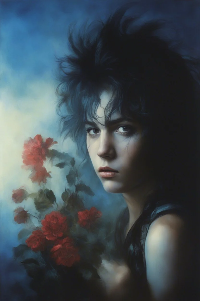 Chiaroscuro lighting, deep shadows, rich deep colors, facial portraits, 1980, 15-year-old Elvis Presley, ((1980's big hair, long, teased up Spikey Motley Crue style hair)), black hair, facial portraits, foggy, cloudy blue wall with assorted designs and multiple floral arrangements in the background, 4k, 8k, 16k, 32k, 100k UHD, Ultra-Hyper Resolution, dark, sultry eyeshadow, eyeliner, mascara, rouge, lipstick, from the rock and roll band KISS