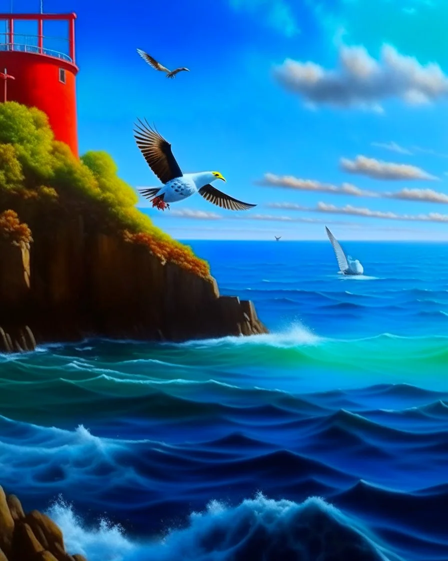 Alcatraz bird plummeting into the sea, ultra quality, hyper detailed, hyper realistic, oil painting, artwork, 8k