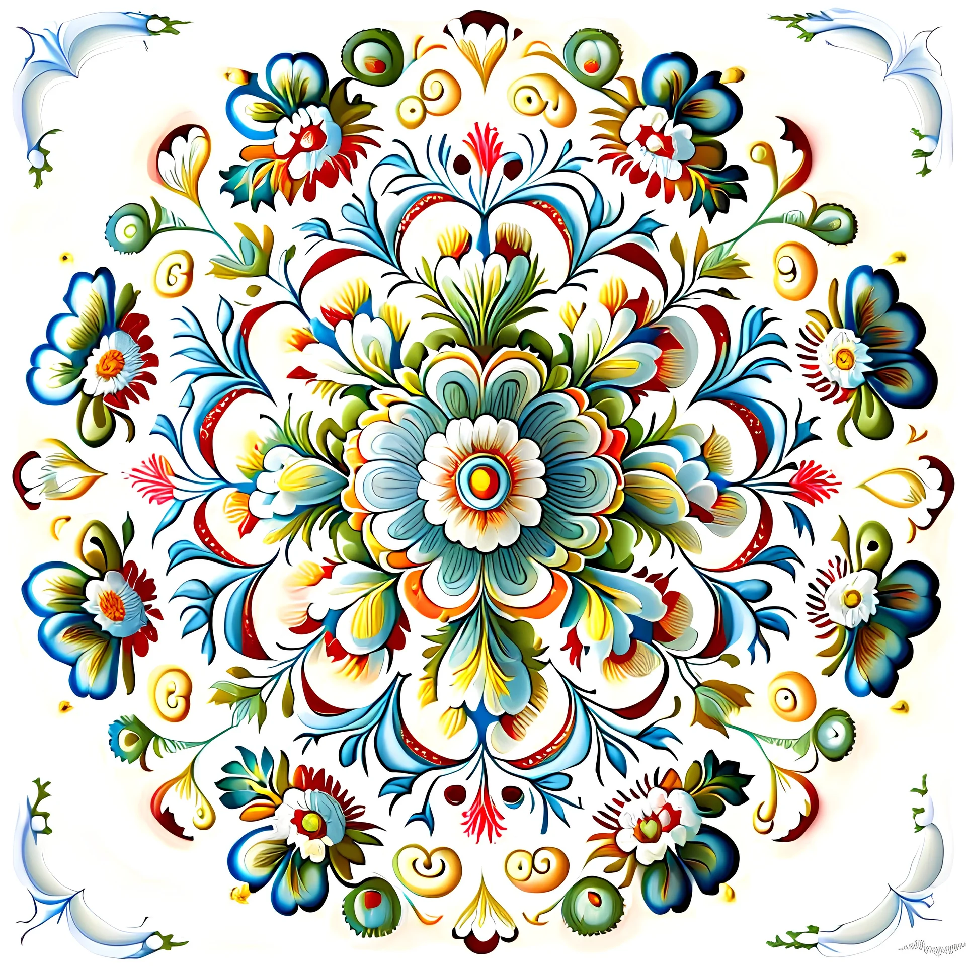 Rosemaling, plants, flowers, detailed, realistic, white background, symetrical, mandala