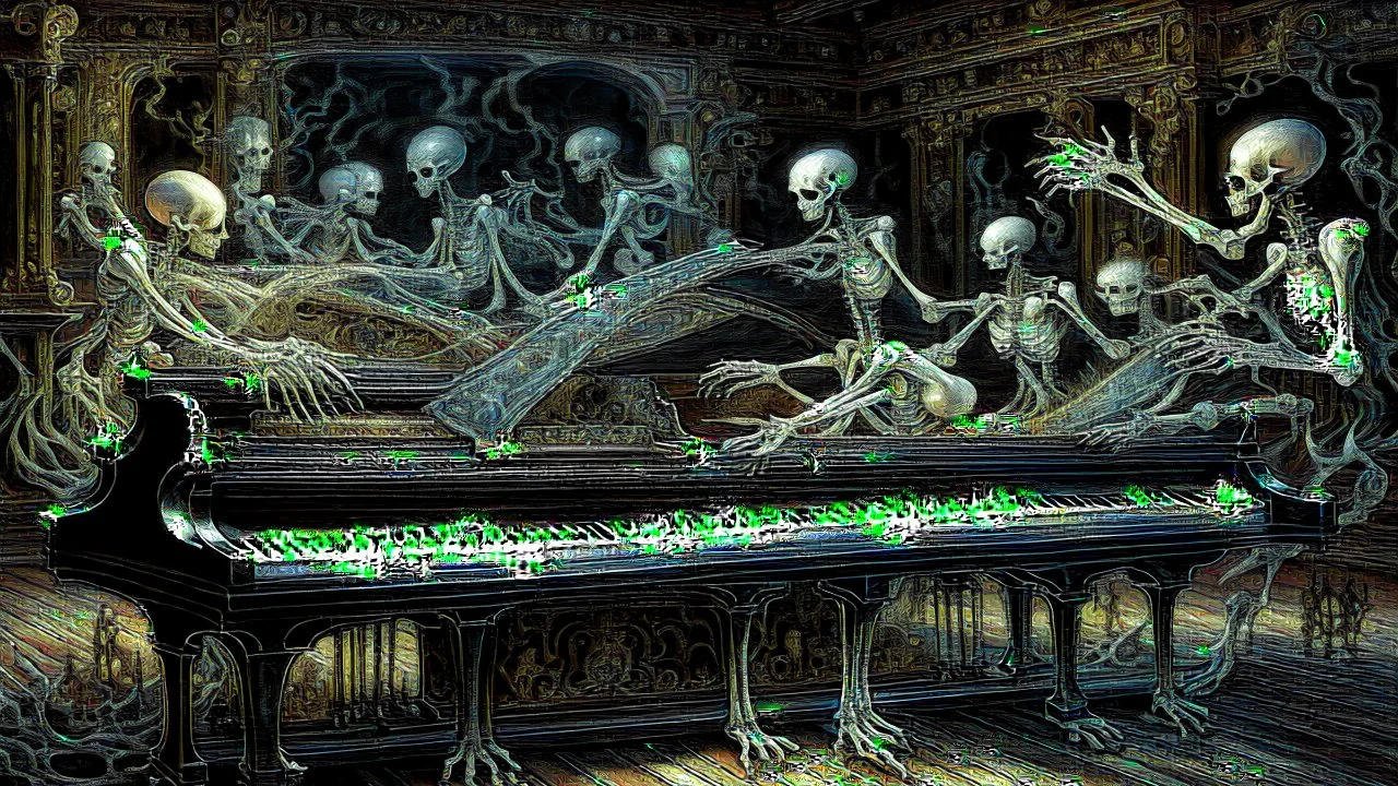 In a vividly surreal scene, a ghostly orchestra of skeletal figures dance across the keys of a grand piano in a partial hallucination. Each bony form is intricately detailed, with delicate etchings and faint hints of color giving them a spectral glow. The image, likely a meticulously crafted painting, exudes a haunting beauty and expertly captures the eerie allure of the macabre subject matter. The faintest traces of moonlight bathe the scene, casting long, ethereal shadows and adding to the ove