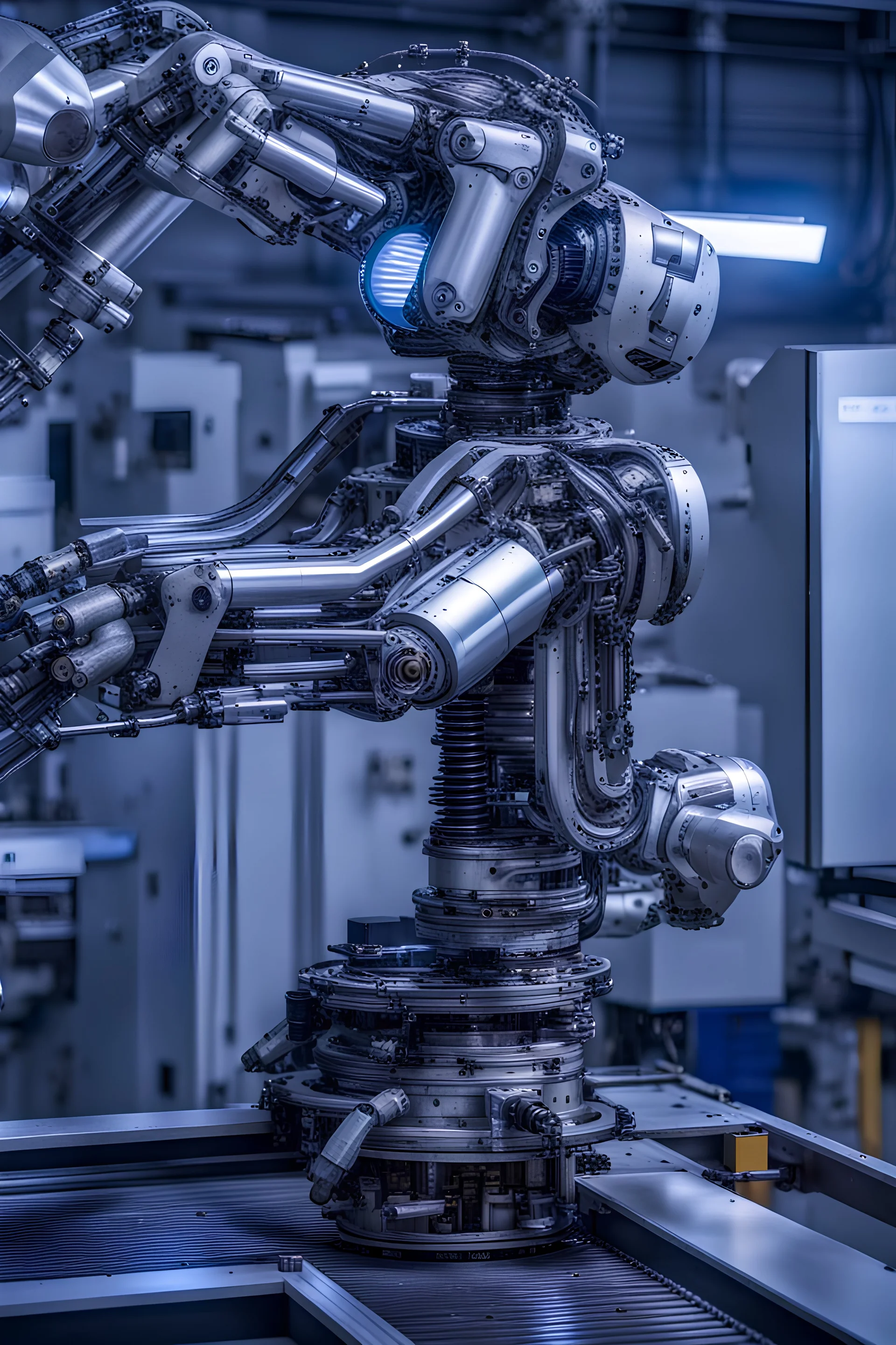 A cosmic AI robot precisely mills on a titanium alloy CNC machine, an extremely complex environment that is unacceptable to humans