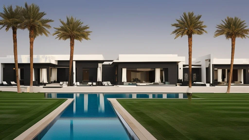 Description of a modern Emirati style villa: Located on a magnificent piece of land in the heart of the Emirates, our villa embodies the finesse of design and detailing that promises a luxurious residential experience. This two-story villa, with its elegant and contemporary spaces, stands out. The exterior walls of the villa are made of black and white stones, adding an elegant and luxurious touch to the design. This combination of black and white stones creates a beautiful contrast, highlight