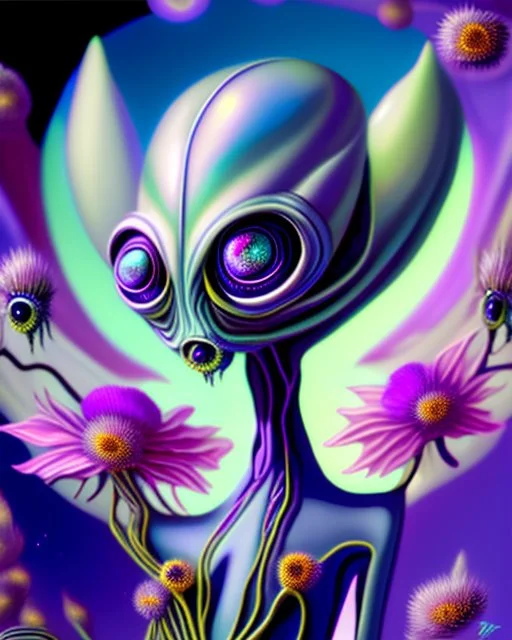 an ethereal alien creature with three eyes, with several extra limbs and slender composition, is i transitioning wild landscape full of flowers , highly polished, chrome airbrush style, dreamlike composition, color penciling color palette, surrealistic retro-futurism, fantasy, vintage scifi, psychedelic aesthetic, Camilla d'errica, pop surrealism, highly detailed, arthur lismet, artstation, 1960s psychedelic drawing, smooth