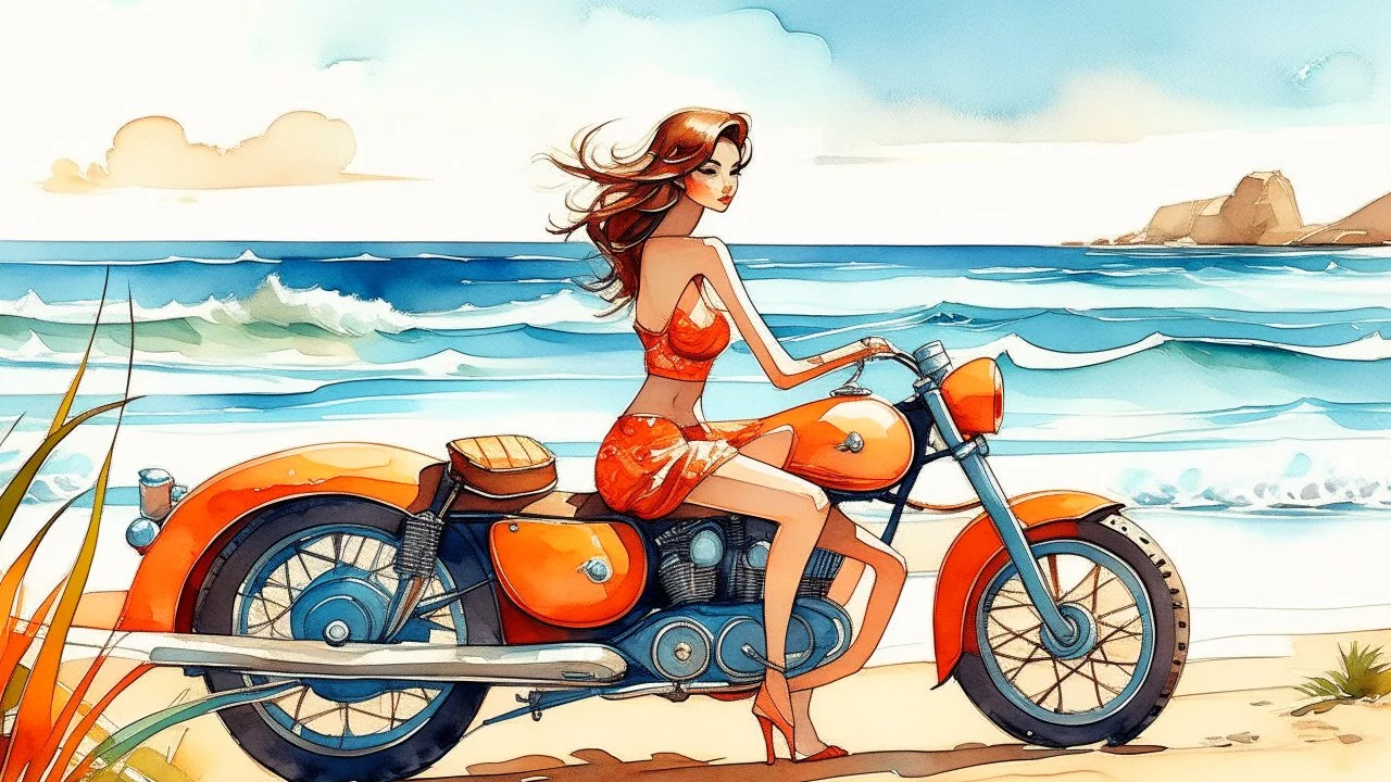 A captivating watercolor illustration of a gorgeous woman in a vibrant bikini, lounging next to a vintage motorcycle on a sun-kissed beach. The motorcycle has a classic, vintage design and adds a touch of nostalgia to the scene. The woman's relaxed pose and the waves gently lapping at the shore create a serene atmosphere. The sky is awash in vibrant hues of oranges, purples, and reds, reflecting the warm glow of the setting sun. Tall, swaying palm trees frame the scene, adding to the tropical pa