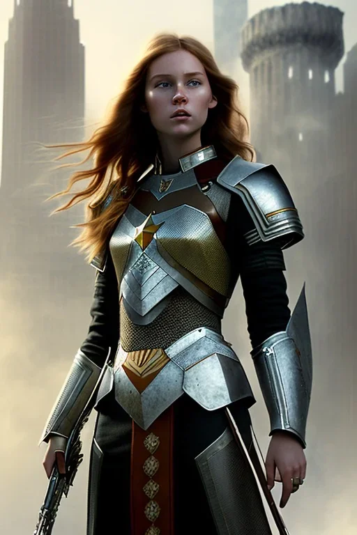 ultrarealistic, concept art, ruined city,__intricate fantasy armor__, no star, __angles__, 18 year old woman, strikingly beautiful,ginger hair, _colour_, (pale __skincolor__ skin:1.2), __camera__, long hair, detailed face and eyes, medium breasts, sci-fi theme, freckles, dynamic pose, resolved expression, __accessory__, strappy outfit, (straps:1.1), sword in scabbard on left hip, (buckles, buttons, snaps, rings:1.0), haltertop style breastplate, detailed eyes, plump lips