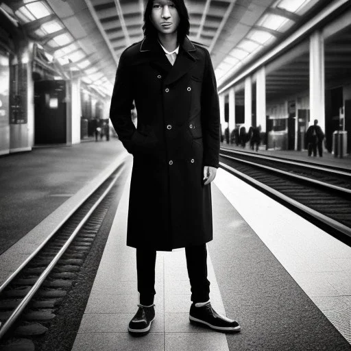 A young Asian man with long hair and a black trench coat waiting for a woman at a train station in Tokyo