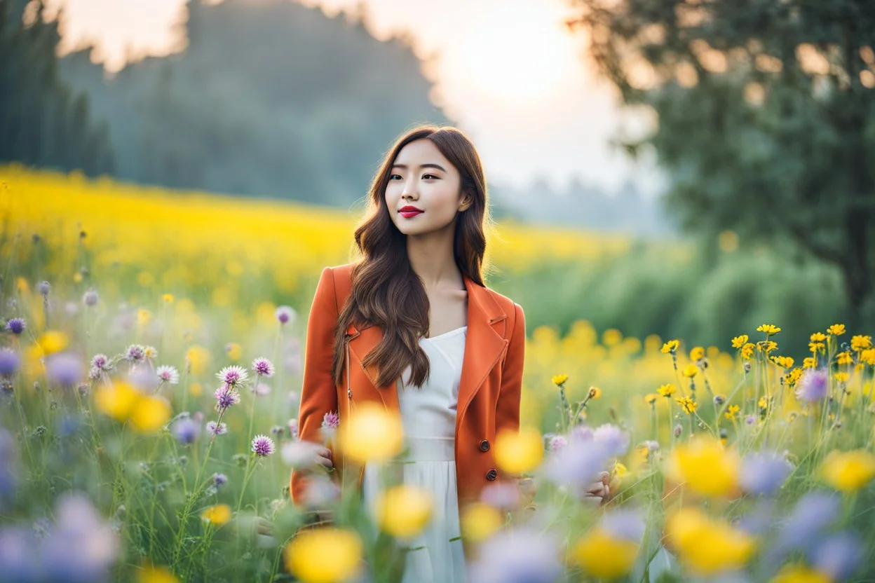 Young woman in flower field in the evening