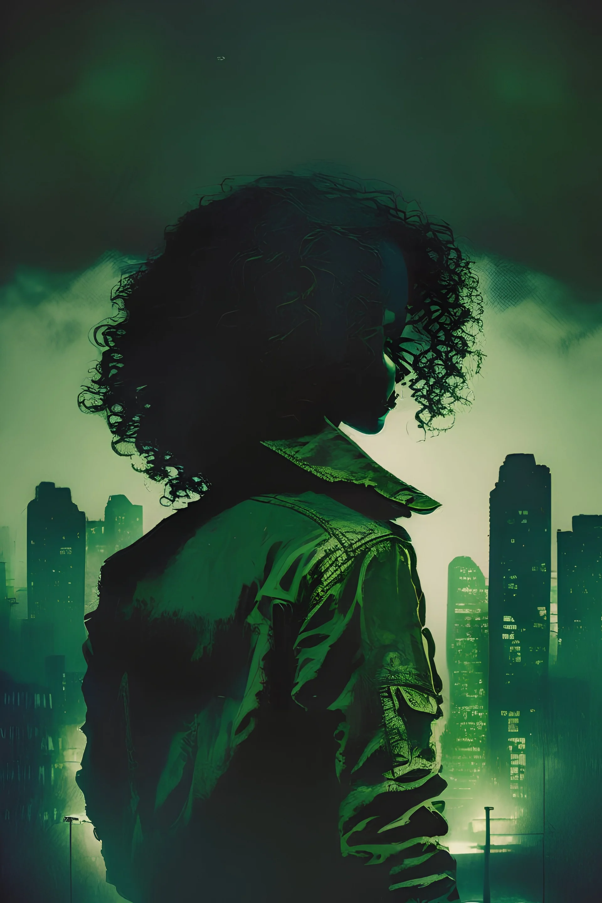 A dark, moody cover featuring a silhouette of a woman with curly hair wearing an old green army jacket, cityscapes, moonlight,