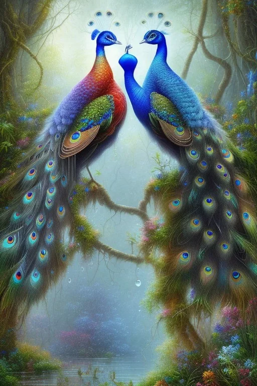 beautiful peacock, jungle, mystical, dreamlike, Neo-Impressionism, fine detail, high quality, raining, rain droplets,