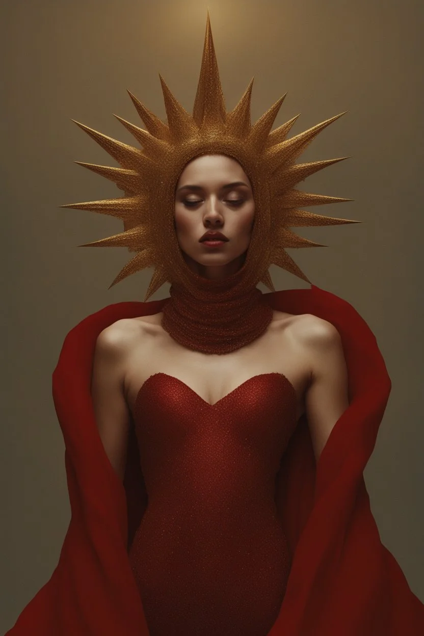 lady in red veils her face and has a large golden spiked crown, in the style of celestial fasion, otherworldly beauty, davide sorrenti, celestialpunk, album covers, fra angelico, aykut aydogdu, queencore, golden age aesthetics --s 750 --v 6. 0 --ar 10:13