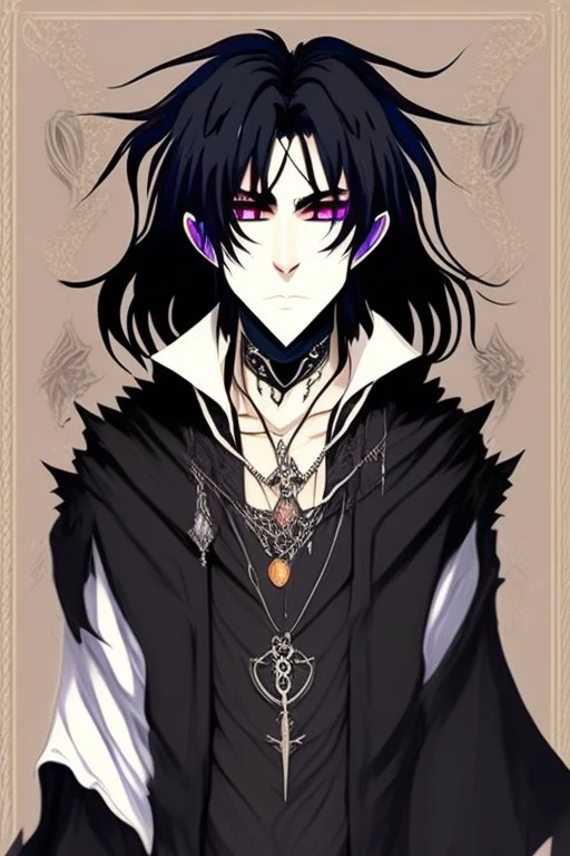 black haired young man necromancer wizard with gothic jewelry in the style of anime