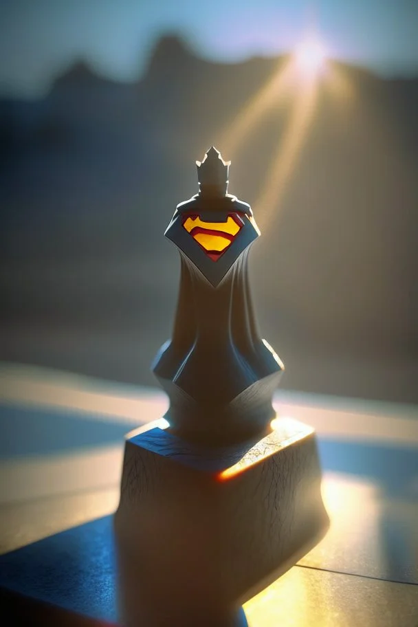 superman chess piece buildt of by yellow stones misty trending, depth of field, backlit, in hexagon valley