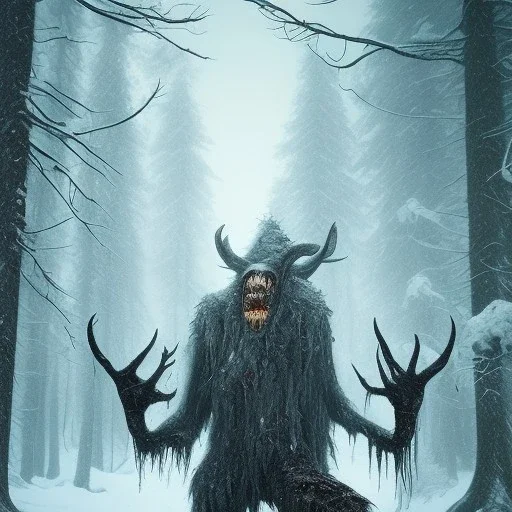 Wendigo, horror, gore, blood, forest, snow, ice, mountain, 8K, cinematic lighting, sharp focus, masterpiece, expert