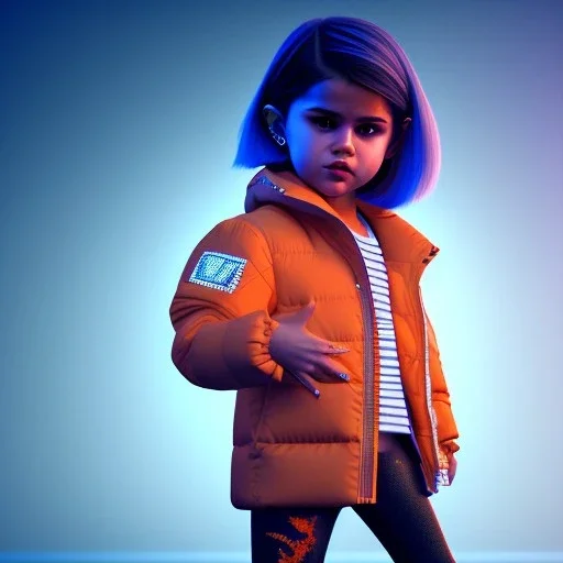 3d render, Selena Gomez toddler, full body, orange puffer jacket, dramatic lighting, concert background, hyper realistic, unreal engine 5, 8k, UHD,