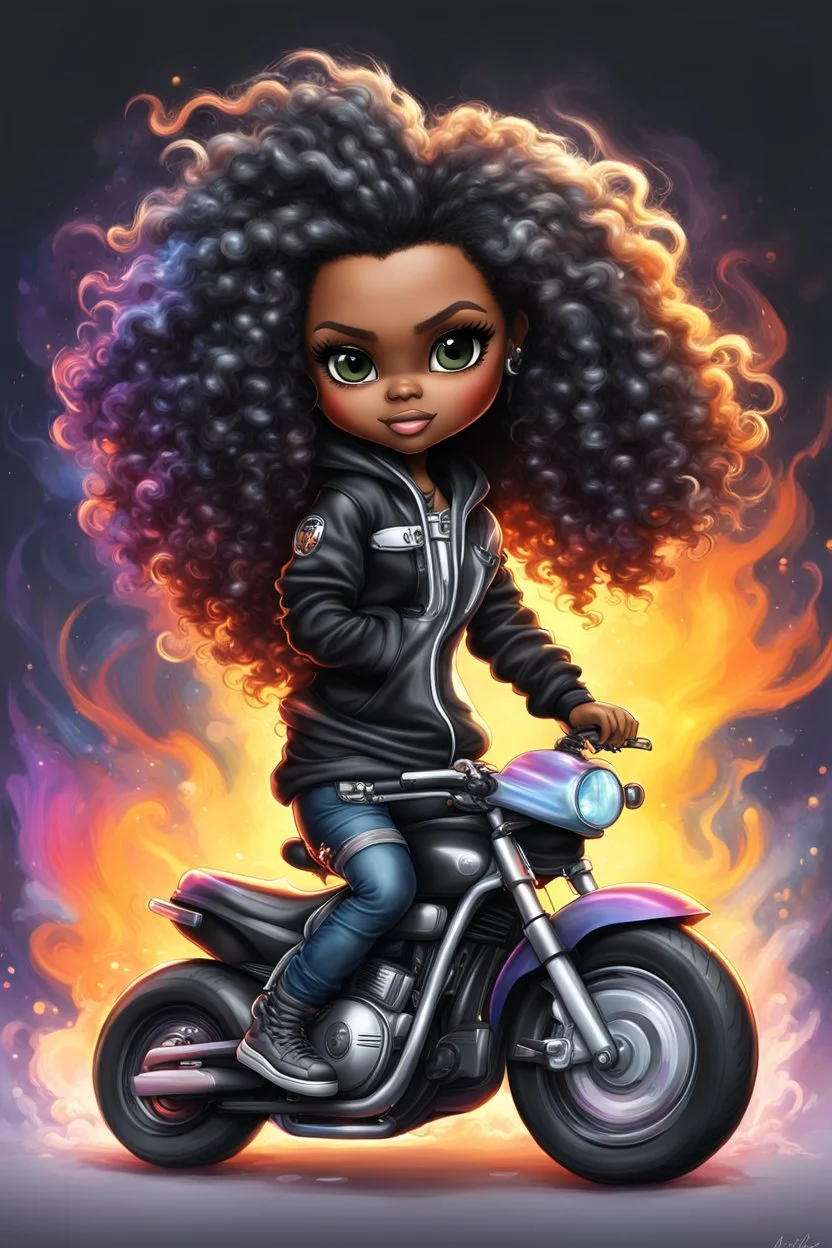 Create an digital airbrush illustration of a chibi cartoon black female wearing tie dye hoodie and black tights and biker boots. Sitting on a colorful sports motorcycle. Prominent make up with long lashes and hazel eyes. Highly detailed long twisted wavy hair blowing in the wind. Background of a bike show and smoke around her.