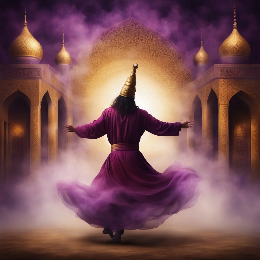 Hyper Realistic Sufi Whirling with Golden, Maroon & purple Islamic Sufi Rustic Grungy Background with Islamic Architecture at night with heavy fog Whirling