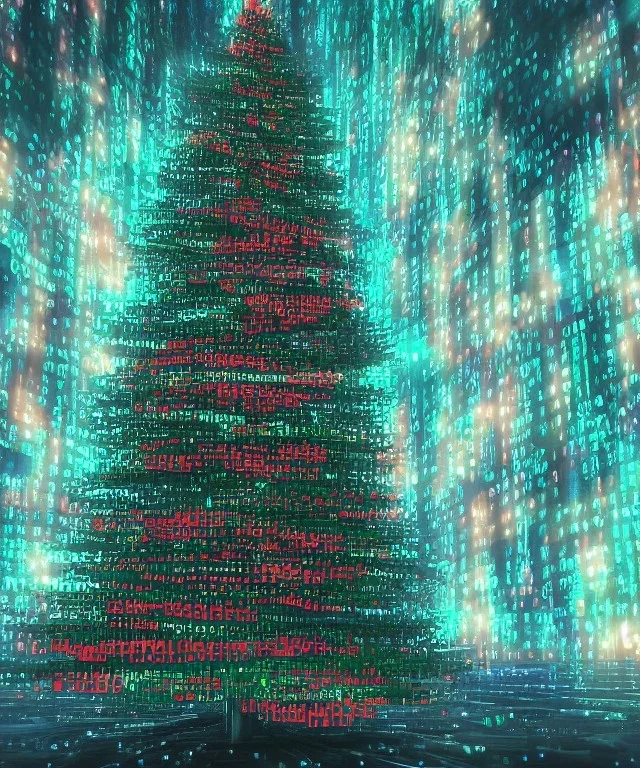 Painting of matrix code Christmas tree inside futuristic cyberpunk space ship