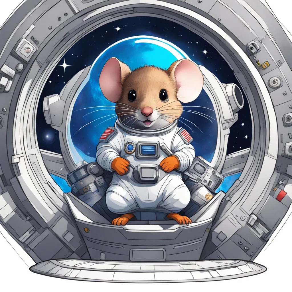 A shy mouse sits in a spaceship, it wears a space suit: ready to blast off!