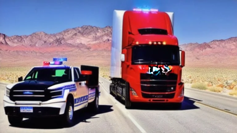 A police Tesla Cybertruck is chasing a Tesla 'Model S Plaid' at top speed, at the 'Lake Mead', in Nevada. CINEMATIC. WIDE ANGLE LENS.