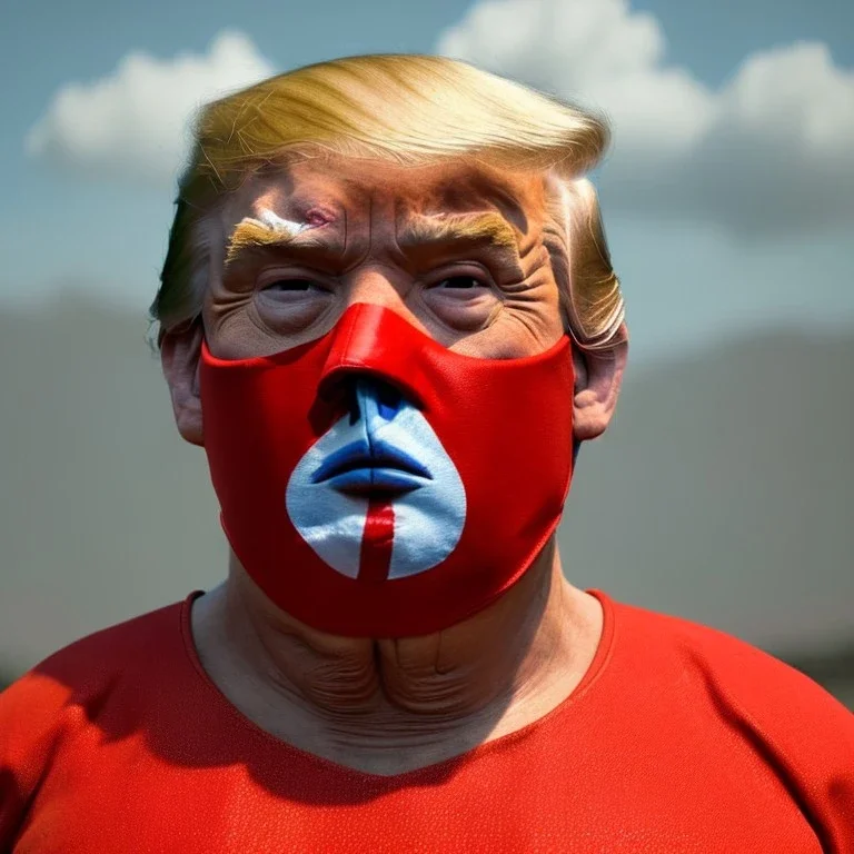 Realistic image of Donald trump wrestler, Mexican wrestling style, Mexican wrestling mask, chin and nose visibles, red and blue breeches, glow us flag dress, suspenders, retro style, 80s, vibrant color, highly detailed, sky background, concept art, unreal engine 5, god rays, ray tracing, RTX, lumen lighting, ultra detail, volumetric lighting, 3d, finely drawn, high definition, high resolution.