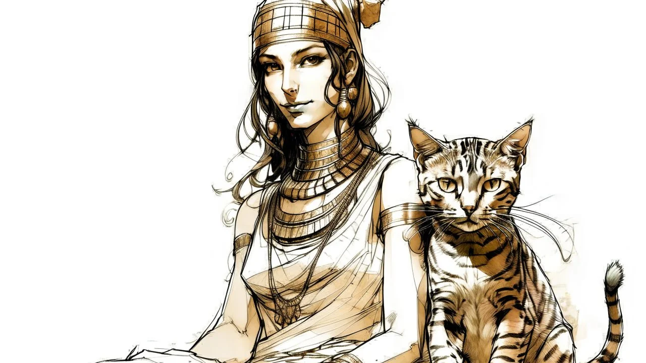 Illustrate a captivating image of a girl resembling Cleopatra, holding a cat, against a white background. Specify a hand-drawn style with strokes, emulating the Paleolithic art style. Ensure the composition captures the essence of ancient artistry, creating a visually unique and evocative scene depicting the girl and her feline companion.