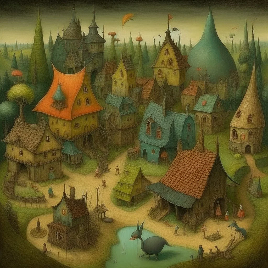 A surreal village inspired by Shaun Tan's and Hieronymus Bosch work