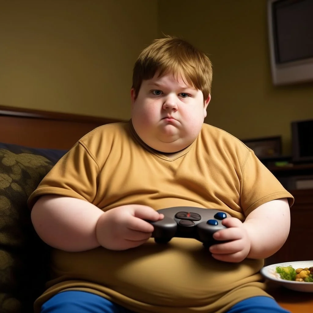 A Obese kid with light brown hair, light skin. Playing Games all day, He has not seen daylight in two months