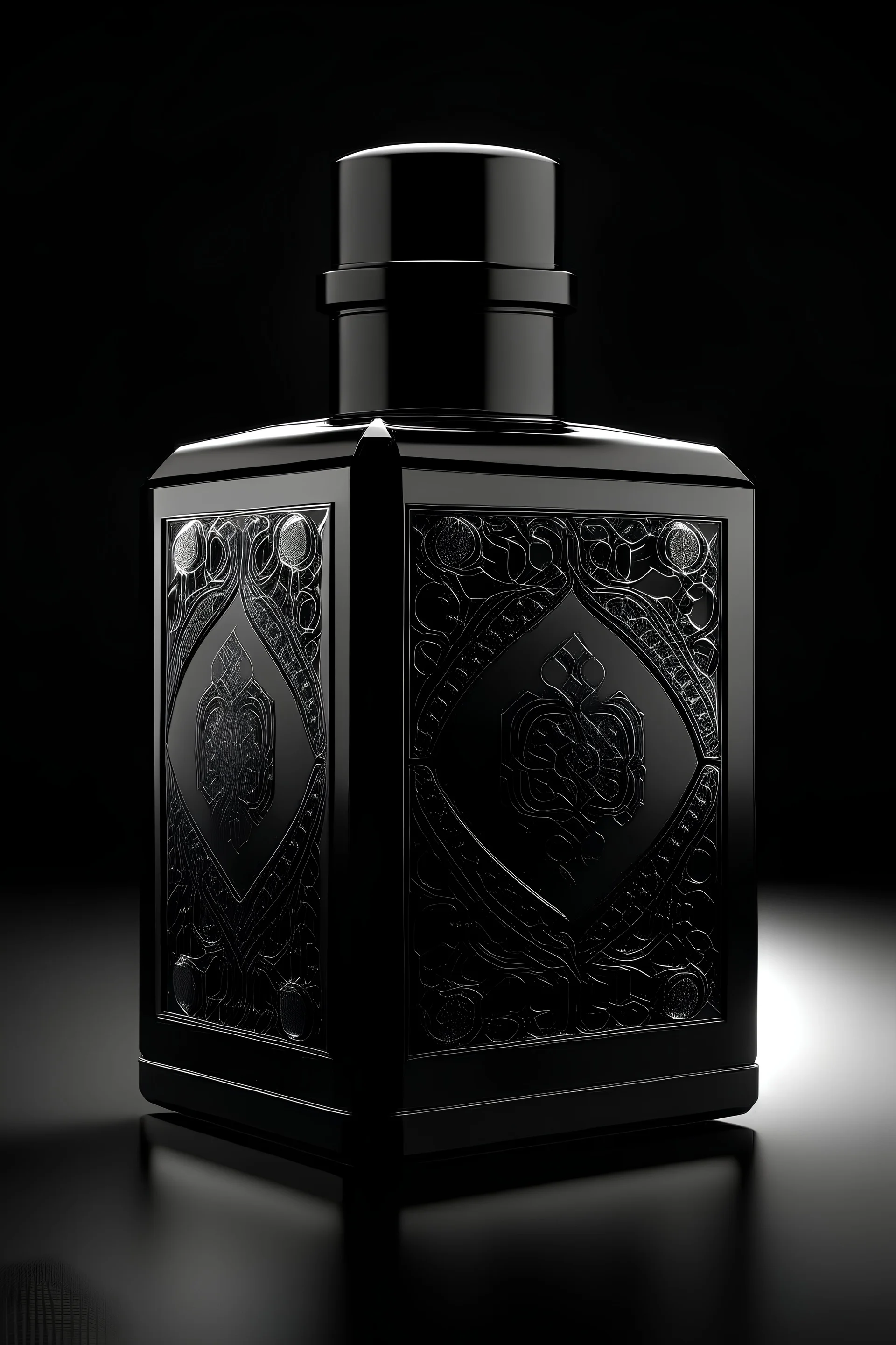 create square bottle design for oriental perfume bottle design with minimal and embossed ornamental designs. plain coated black bottle with metallic organic designed and parametric cap