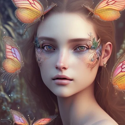 perfect woman, plant metal, feathers, long hair, butterflies, nature, plants, flower background, face paint, intricate, oil on canvas, masterpiece, expert, insanely detailed, 4k resolution, cinematic smooth, intricate detail, soft smooth lighting, rembrandt style