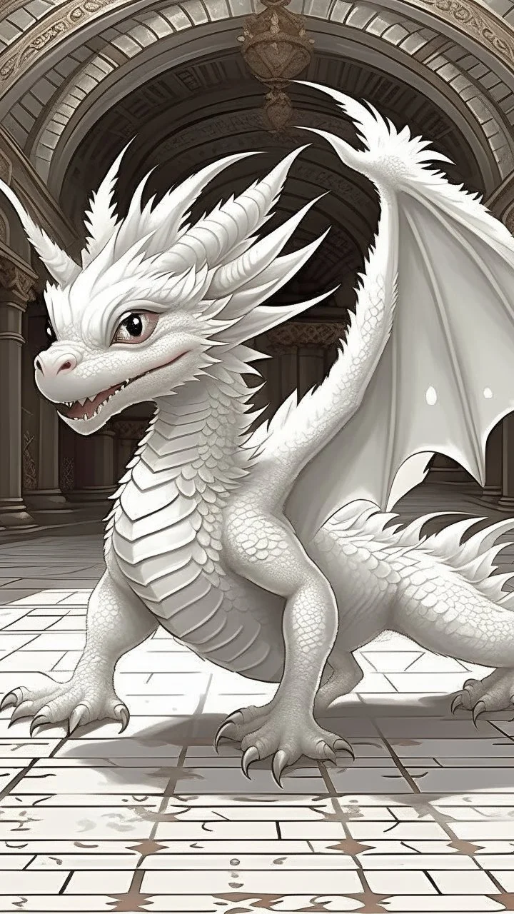 fluffy adorable baby white dragon,run around the Palace