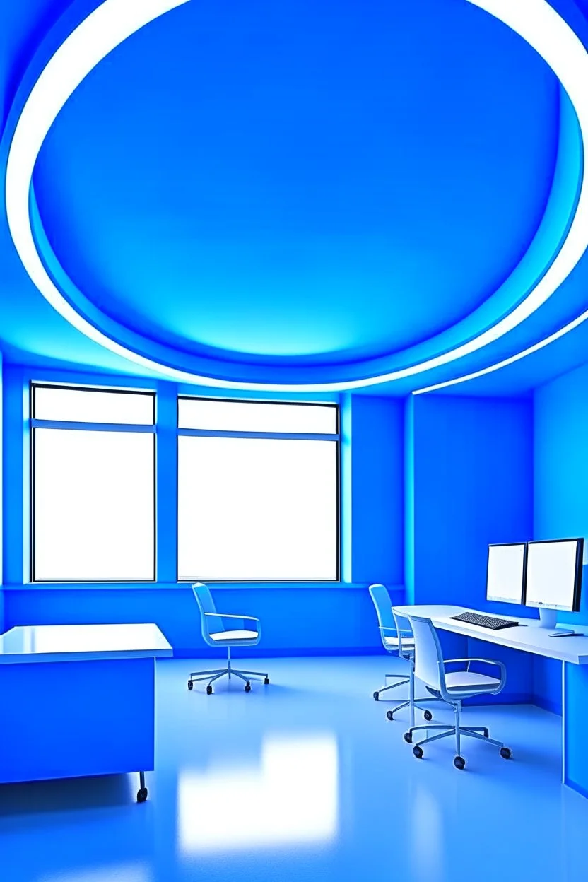 The office desks room is hung on the walls in an oval shape, the color of the walls is blue, the floor is white, and the shape of the offices is curved