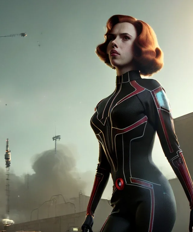 retro sci-fi portrait image from 1960, supermarket parking explosion, fire, classic black widow, young Scarlett Johansson, tight lycra suit, soft color, highly detailed, unreal engine 5, ray tracing, RTX, lumen lighting, ultra detail, volumetric lighting, 3d, finely drawn, high definition, high resolution.