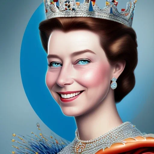 Disney Portrait of a queen elisabeth, dark hair, sharp dark eyes, bright blue lighting, sarcastic smile, sharp focus hair.