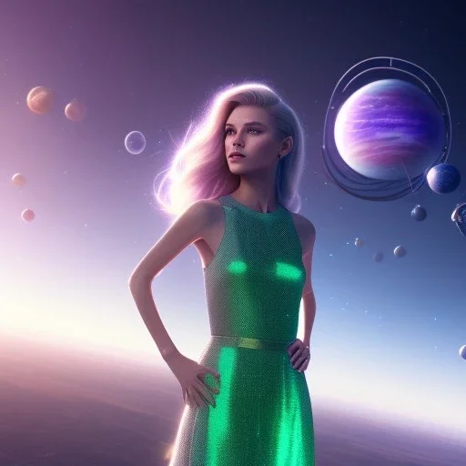 A portrait of a transparent crystalline girl,smiling, longs blond hairs, green eyes, galactic dress, atmospheric, realistic, cinematic lighting, octane render, purple and blue sky, nebula, stars, planets in background, spaceship in background